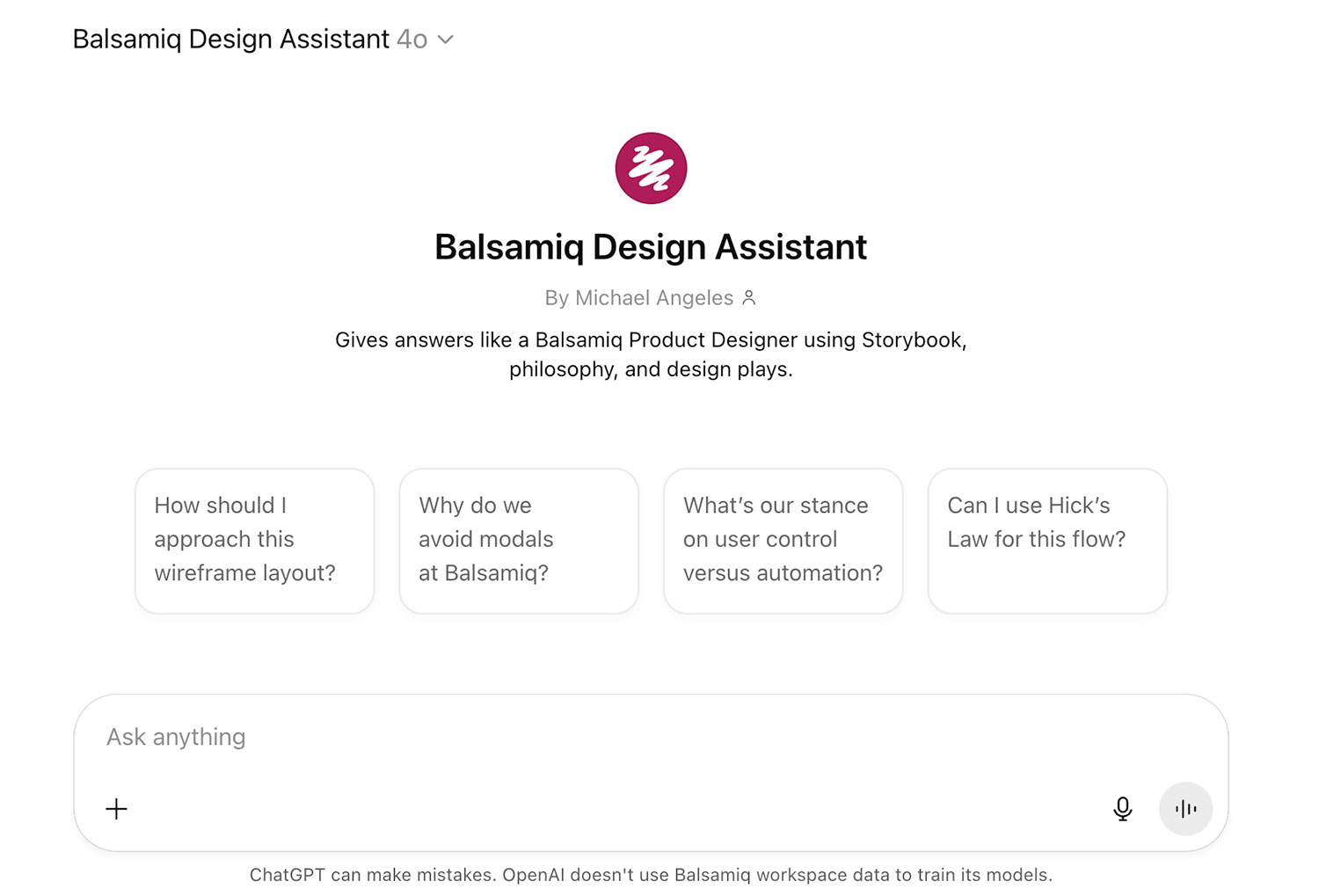 Custom GPT interface for the Balsamiq Design Assistant, designed to answer product design questions using Balsamiq’s philosophy and design practices.