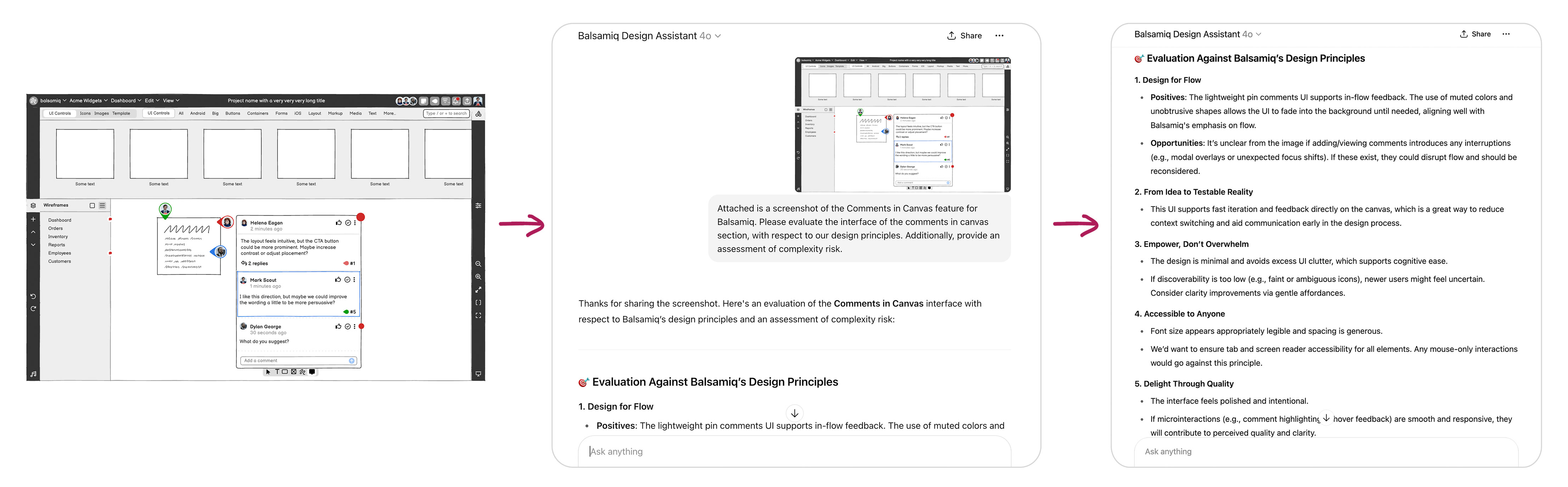 Three-step flow showing a wireframe with comments sent to the Balsamiq Design Assistant custom GPT, which returns an evaluation based on Balsamiq’s design principles, including clarity, accessibility, and user flow.