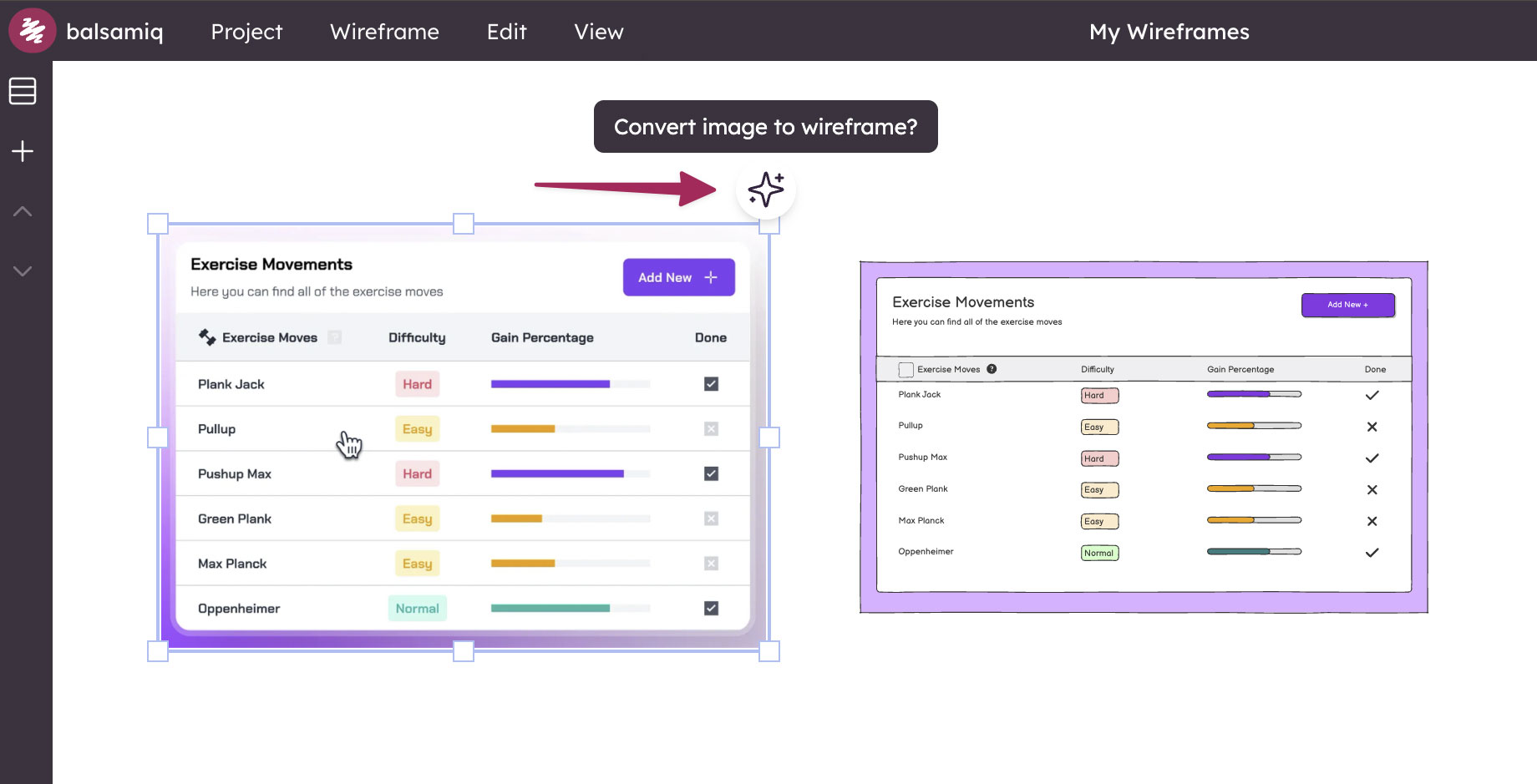 A UI showing Balsamiq’s Image to Wireframe AI feature converting a interface into a wireframe.