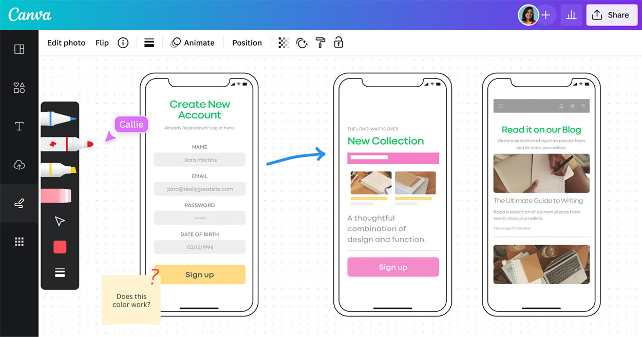 Canva interface showing mobile wireframes with comments and color feedback.