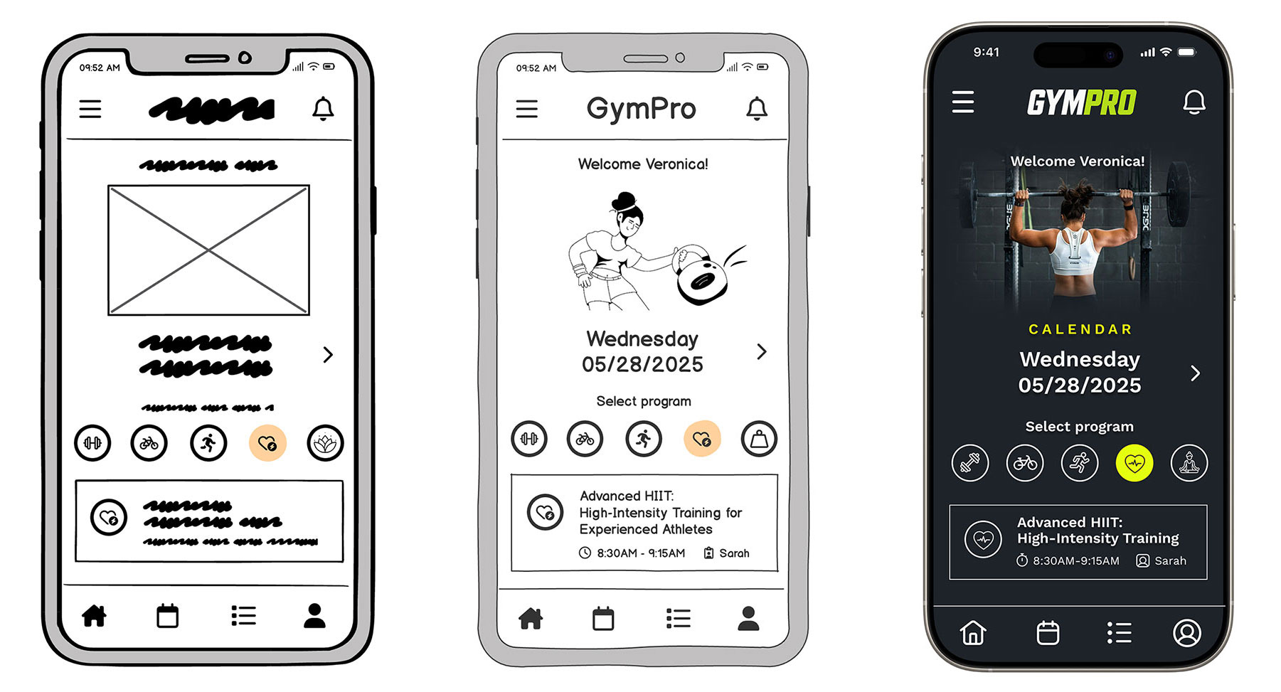 Three mobile screens showing the evolution of a fitness app design: wireframe, polished mockup, and high-fidelity prototype.
