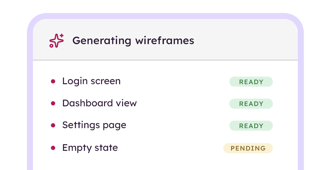 A wireframe generation progress screen with four items — three marked 'Ready' and one 'Pending.'