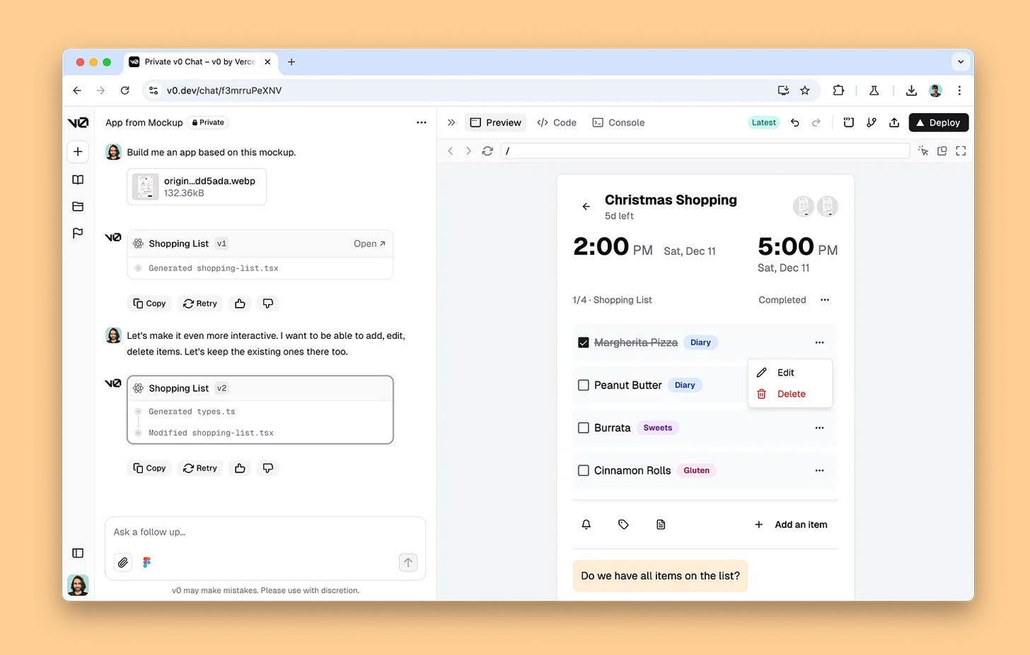 Someone using V0 by Vercel to build an app