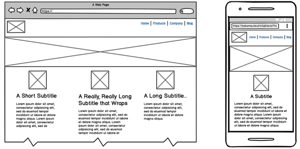 Two wireframes showing the web and mobile versions of the same website.