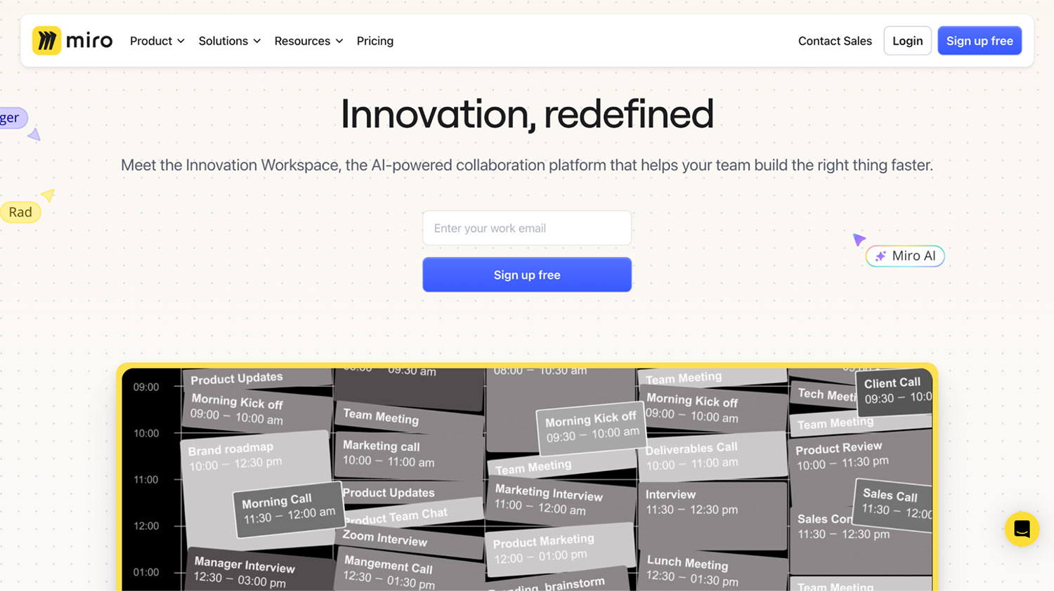 Screenshot of Miro homepage with “Innovation, redefined” tagline and a busy calendar showing meetings and team events.