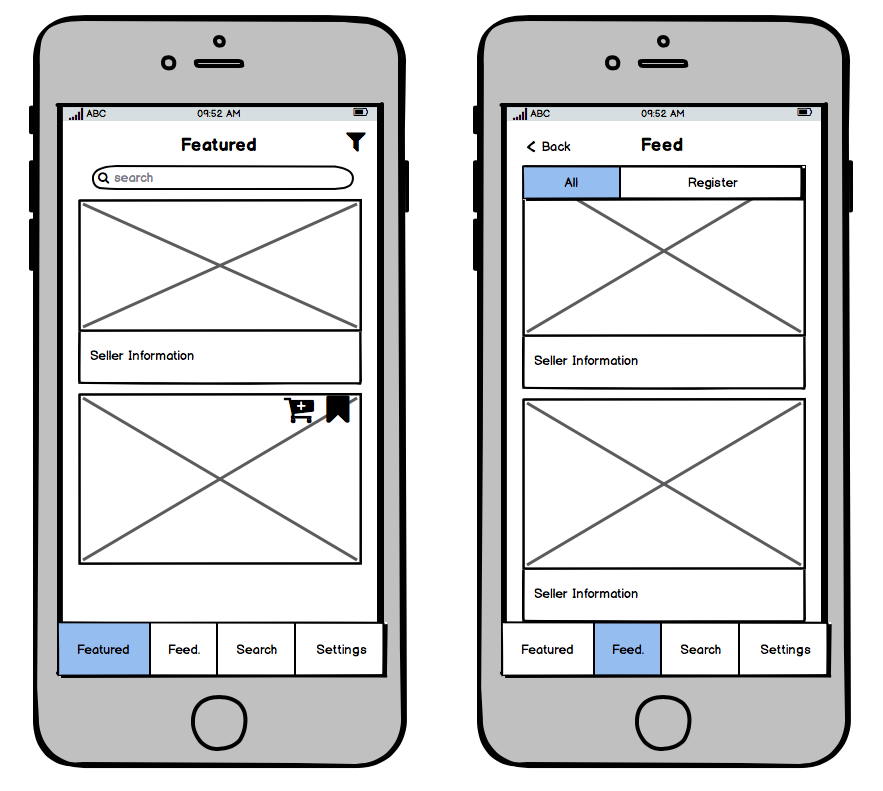 Wireframe showing state change before and after user profile is set