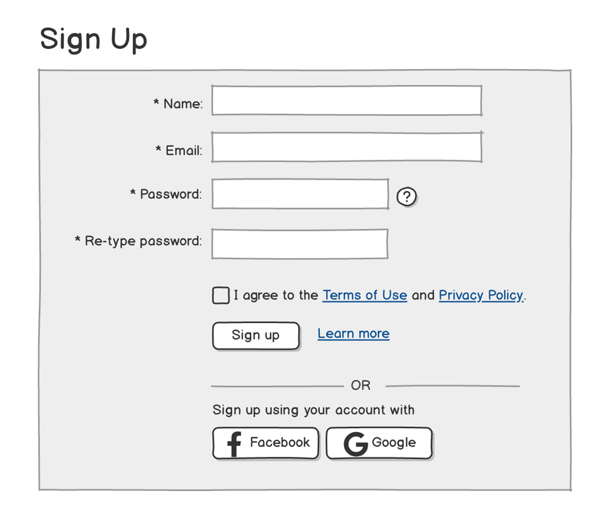 Example of a sign up flow wireframe