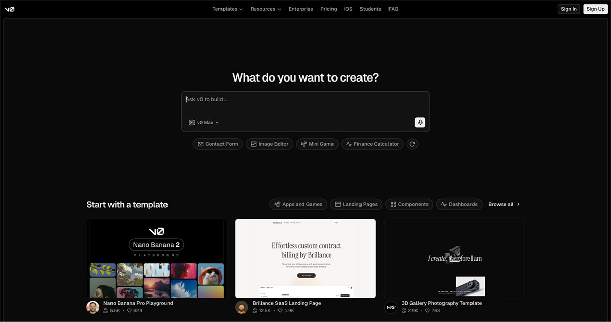 v0 by Vercel home page
