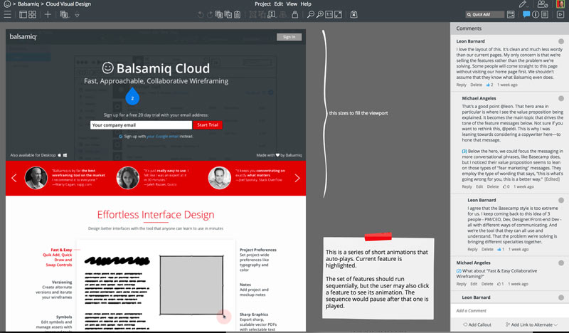 Wireframe of the Balsamiq Cloud landing page with annotations and comments from the visual design review.