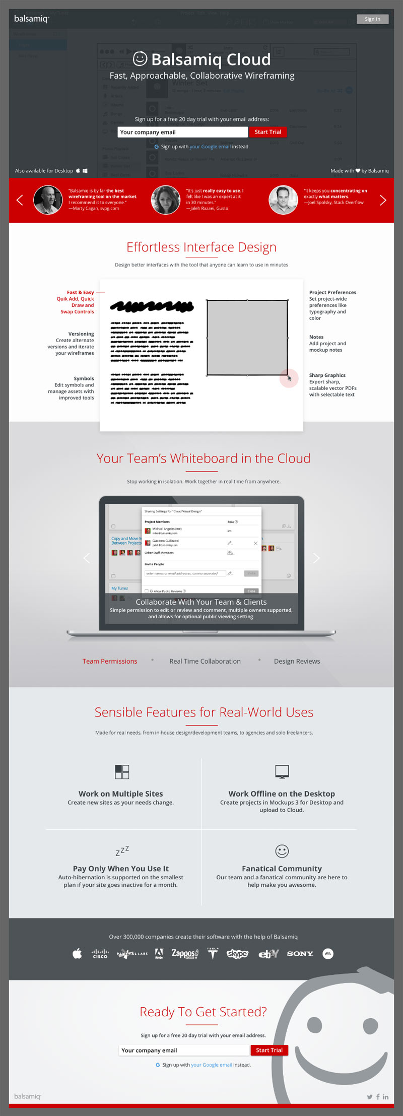 The final high-fidelity design of the Balsamiq Cloud landing page.