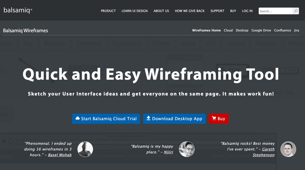 A screenshot of the Balsamiq website’s product page.