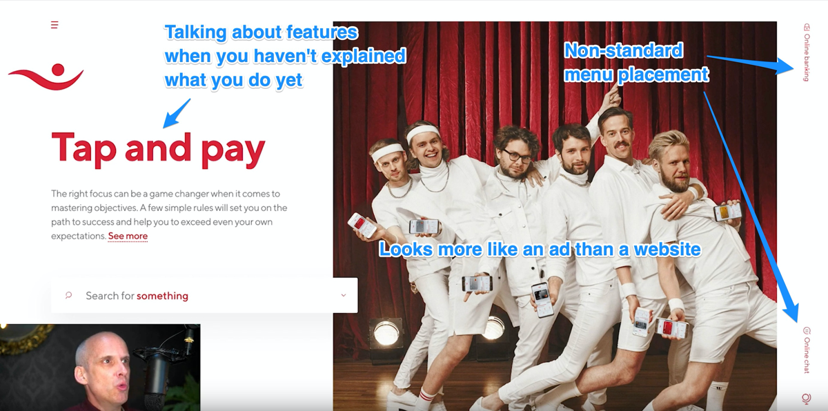 A screenshot of a bank website homepage. Tagline: “Tap and pay”. Main image: six men wearing white clothes.