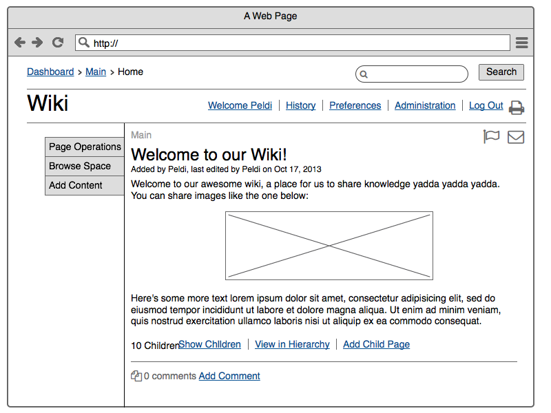 A wireframe example Wireframe of a web page and its main content (title, image, text) and other design elements like breadcrumbs and menu.