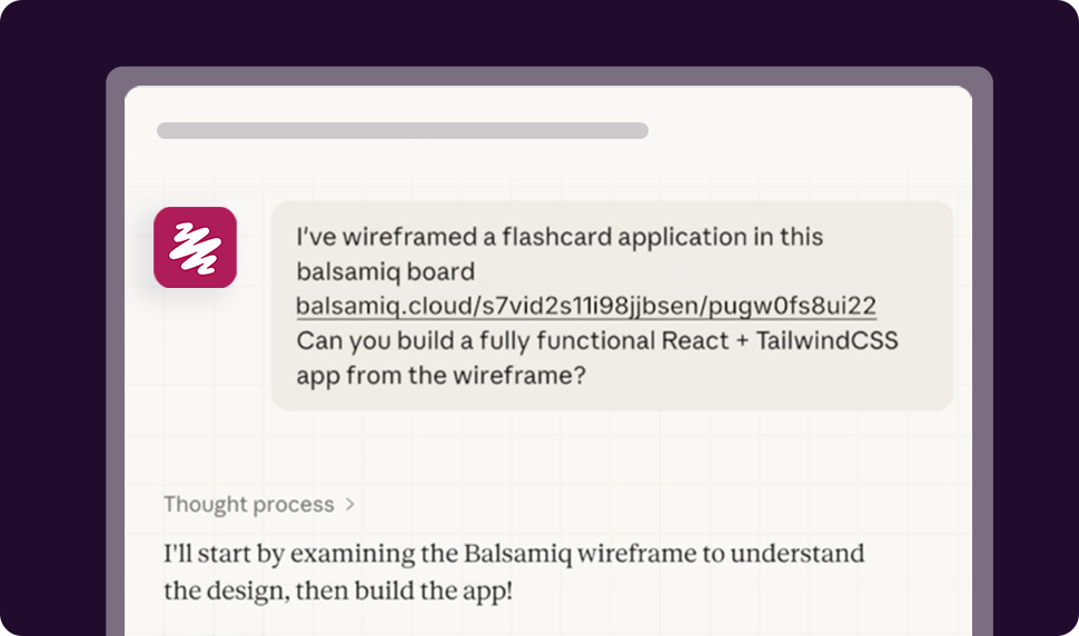 A Claude chat where a user shares a Balsamiq wireframe link and asks Claude to build a app from it.