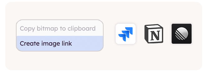 Export menu with 'Create image link' selected, alongside Jira, Notion, and Linear logos.