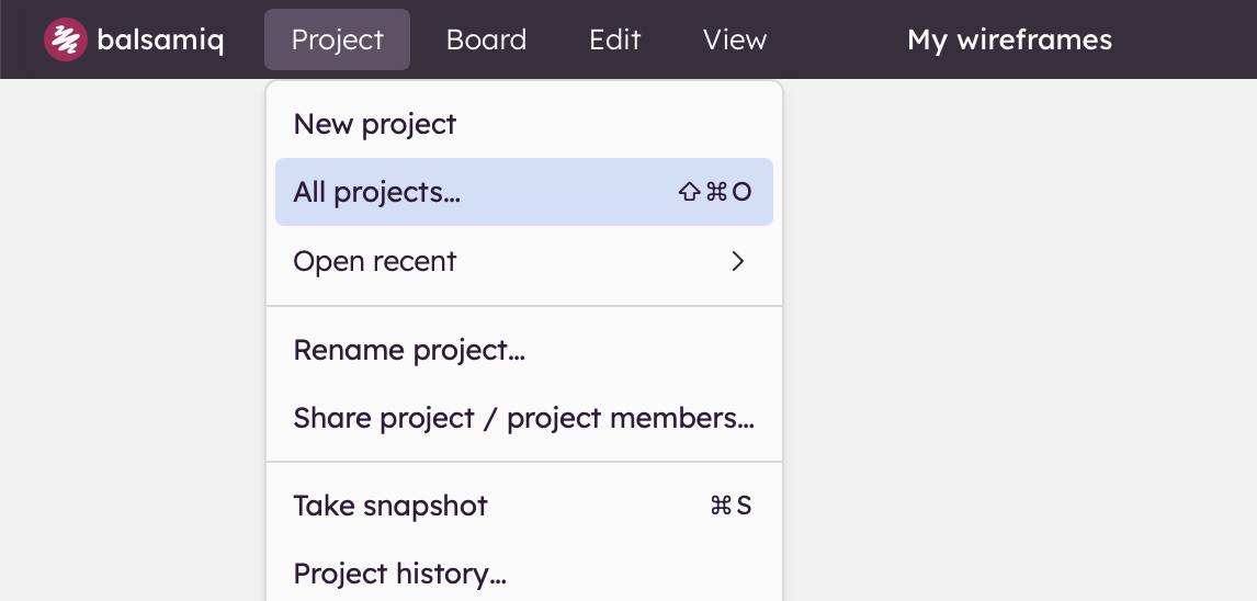 Screenshot of the All projects menu option to open existing wireframing projects.