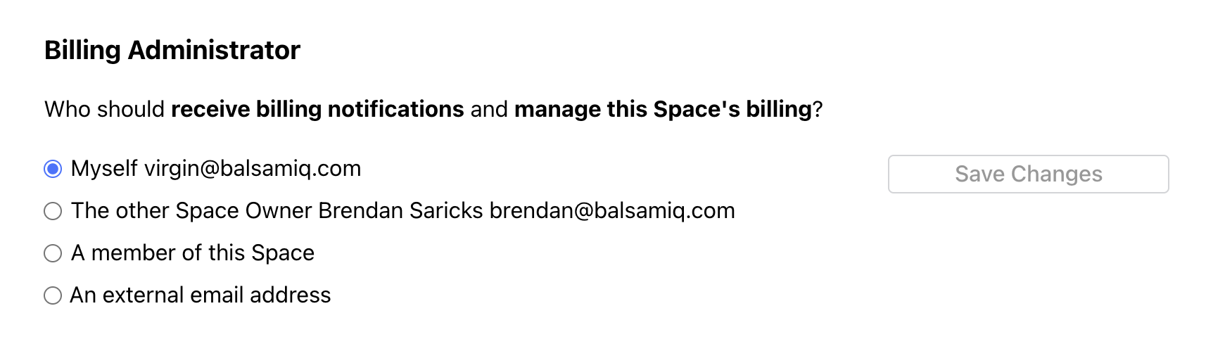 Screenshot of the Billing Administrator Invite field selected, to set the Billing Admin.