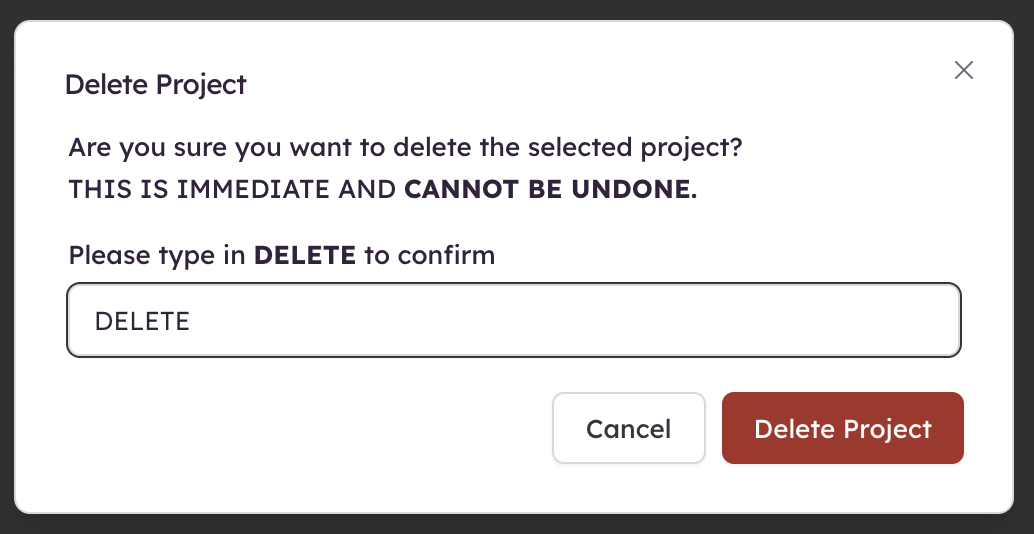 Screenshot of the Delete confirmation dialog to confirm permanent deletion of a project by typing “DELETE”