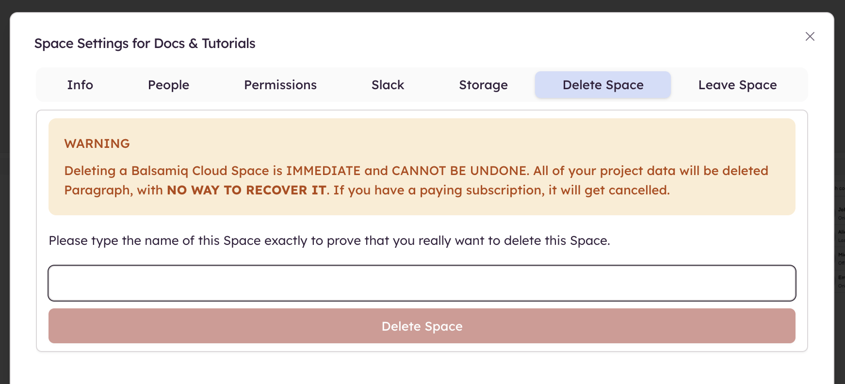 Confirm Space name and delete workspace permanently in the Delete Space tab.
