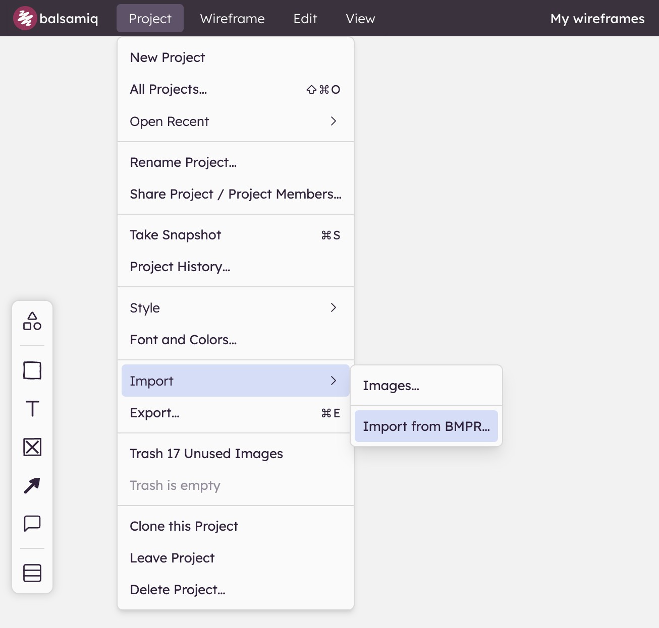 Import wireframes from another Balsamiq project using Project > Import > Import from BMPR, or drag a .bmpr file onto the board