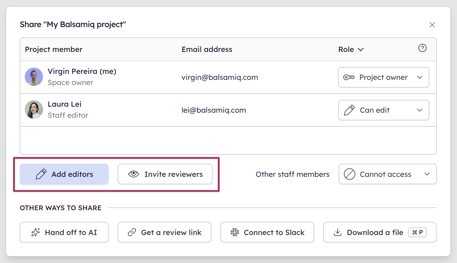 Invite team members to a Balsamiq Cloud project and assign roles with edit or view-only permissions