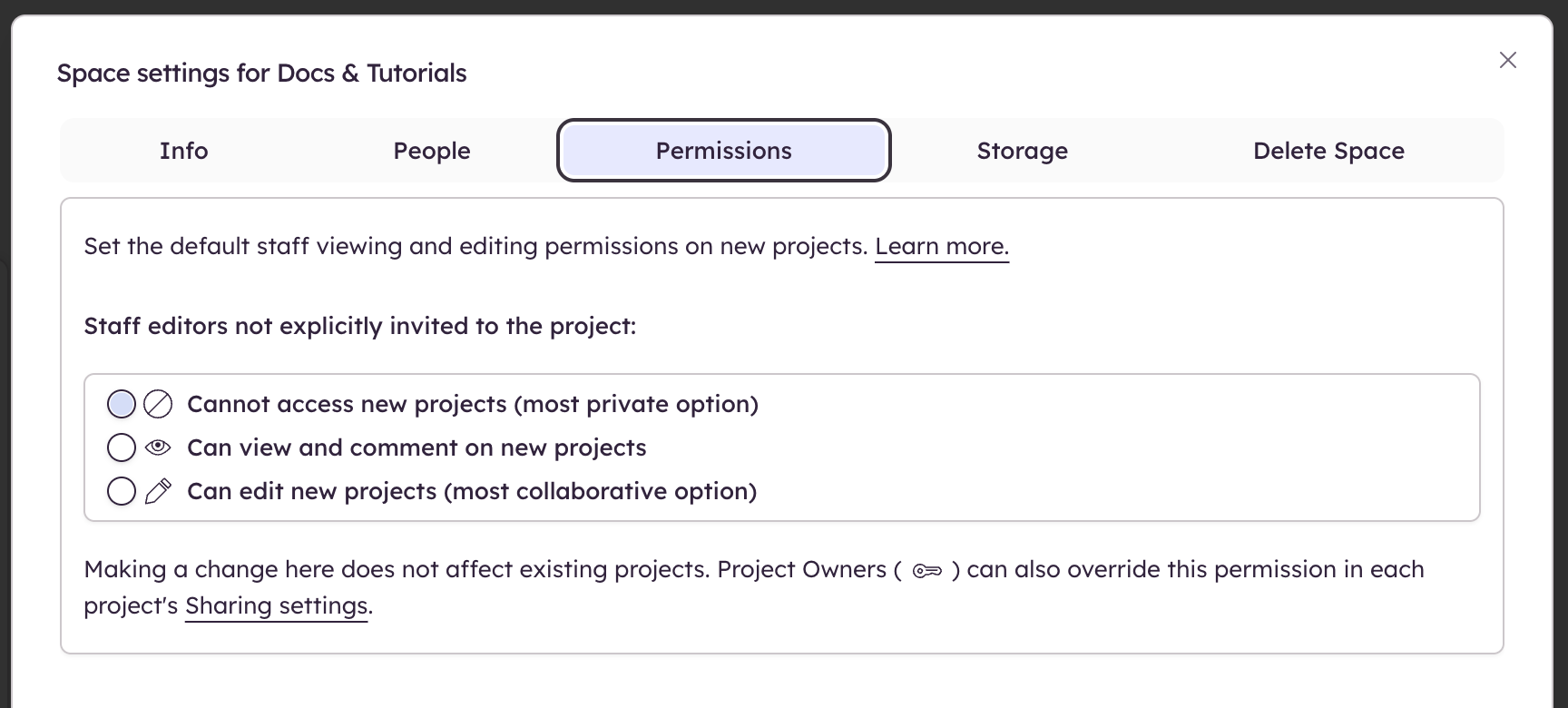 Set default permissions for staff access to new projects in your Space.