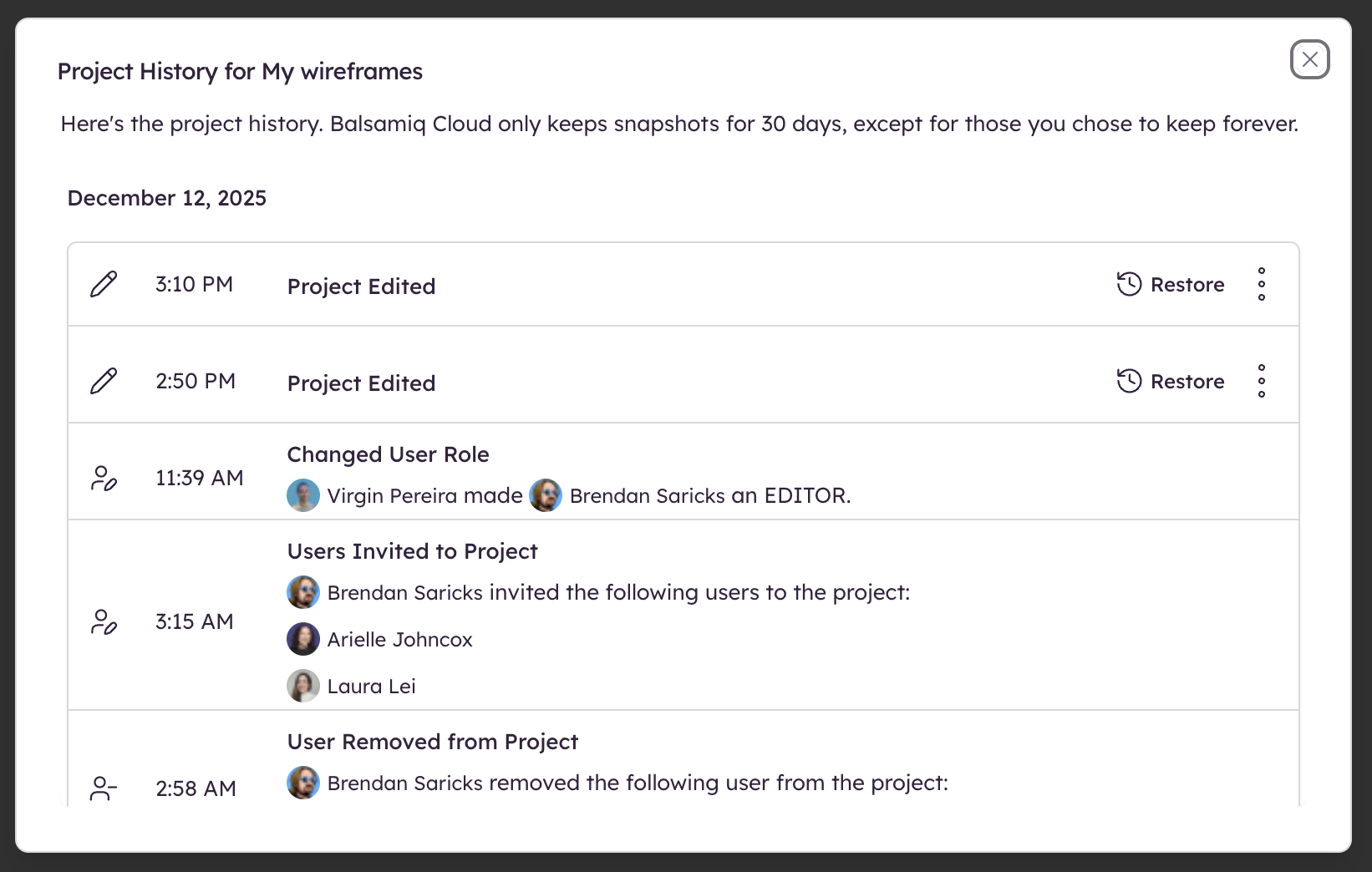 Screenshot of Project History showing tracked edits, invites, and snapshots.