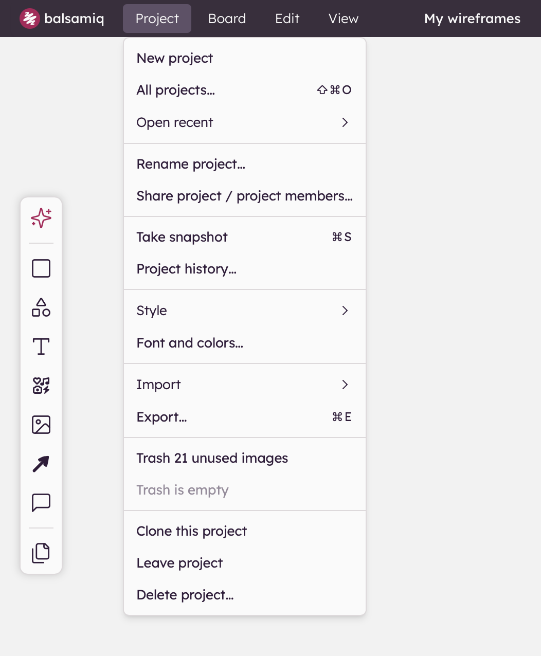 Screenshot of accessing project options to create, import, and share wireframes for team alignment and planning.