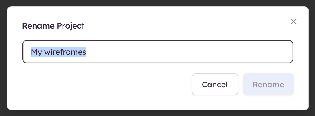 Screenshot of Rename Project dialog, where users can edit the project title and confirm with the Rename button.