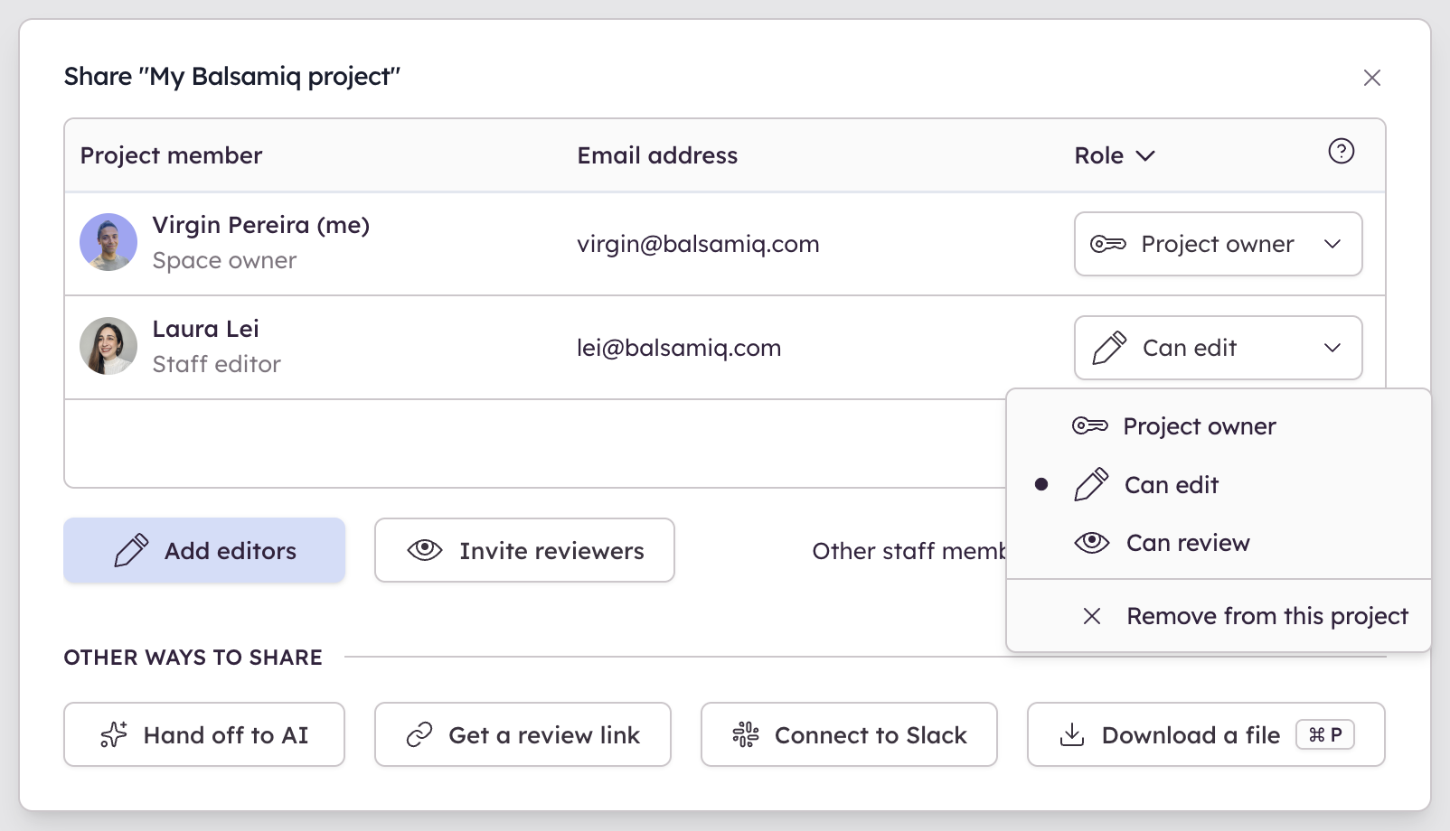 Screenshot of Sharing Settings showing user roles and expanded menu to set edit, comment, or ownership permissions.