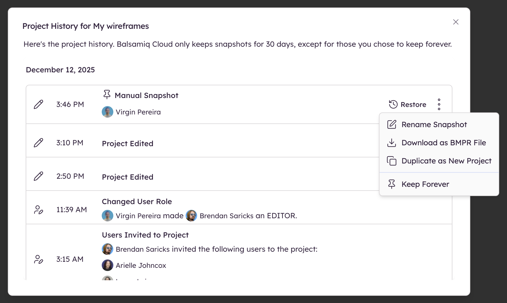 Screenshot of snapshot actions in Project History, including restore, rename, download, duplicate, and keep.