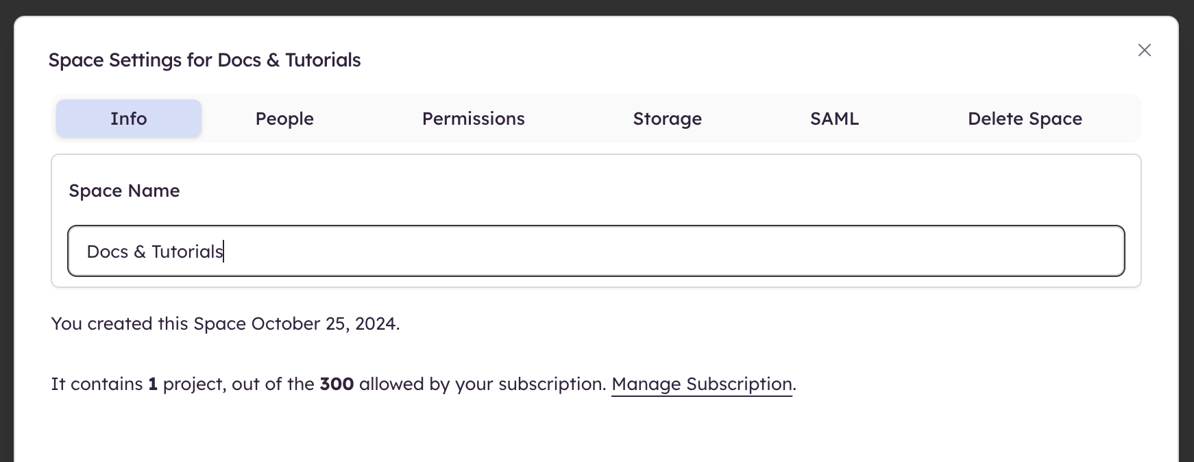 Update the Space name and view subscription details in Space Settings.