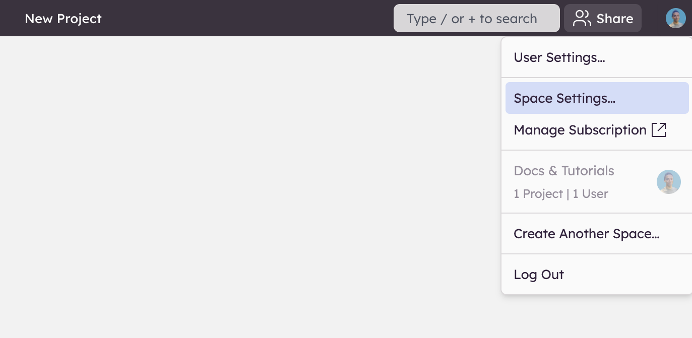 Open Space Settings from the avatar menu to manage workspace details.