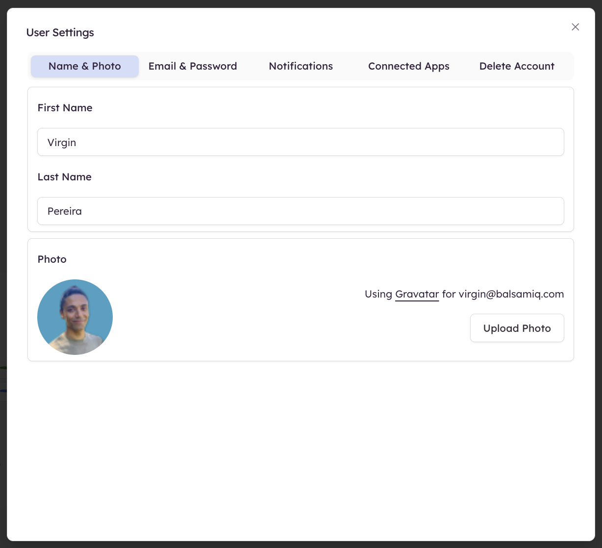 Update your name, email, or profile photo in the Balsamiq Cloud User Settings.