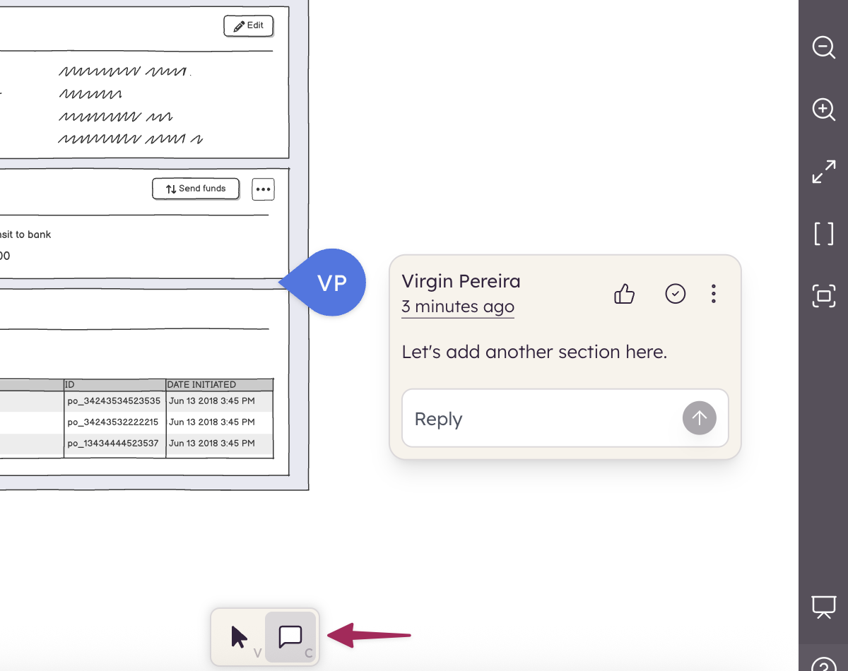 New comment on the canvas. An arrow indicates the comment tool.