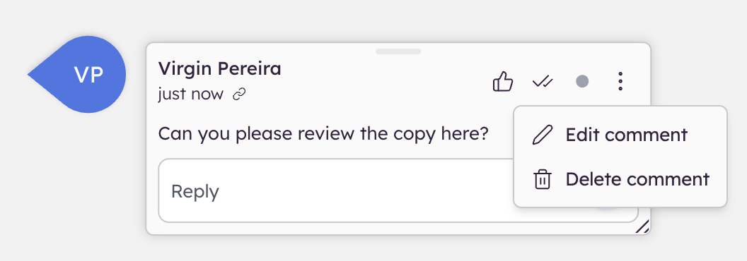 Comment actions include like and mark as resolved to manage feedback