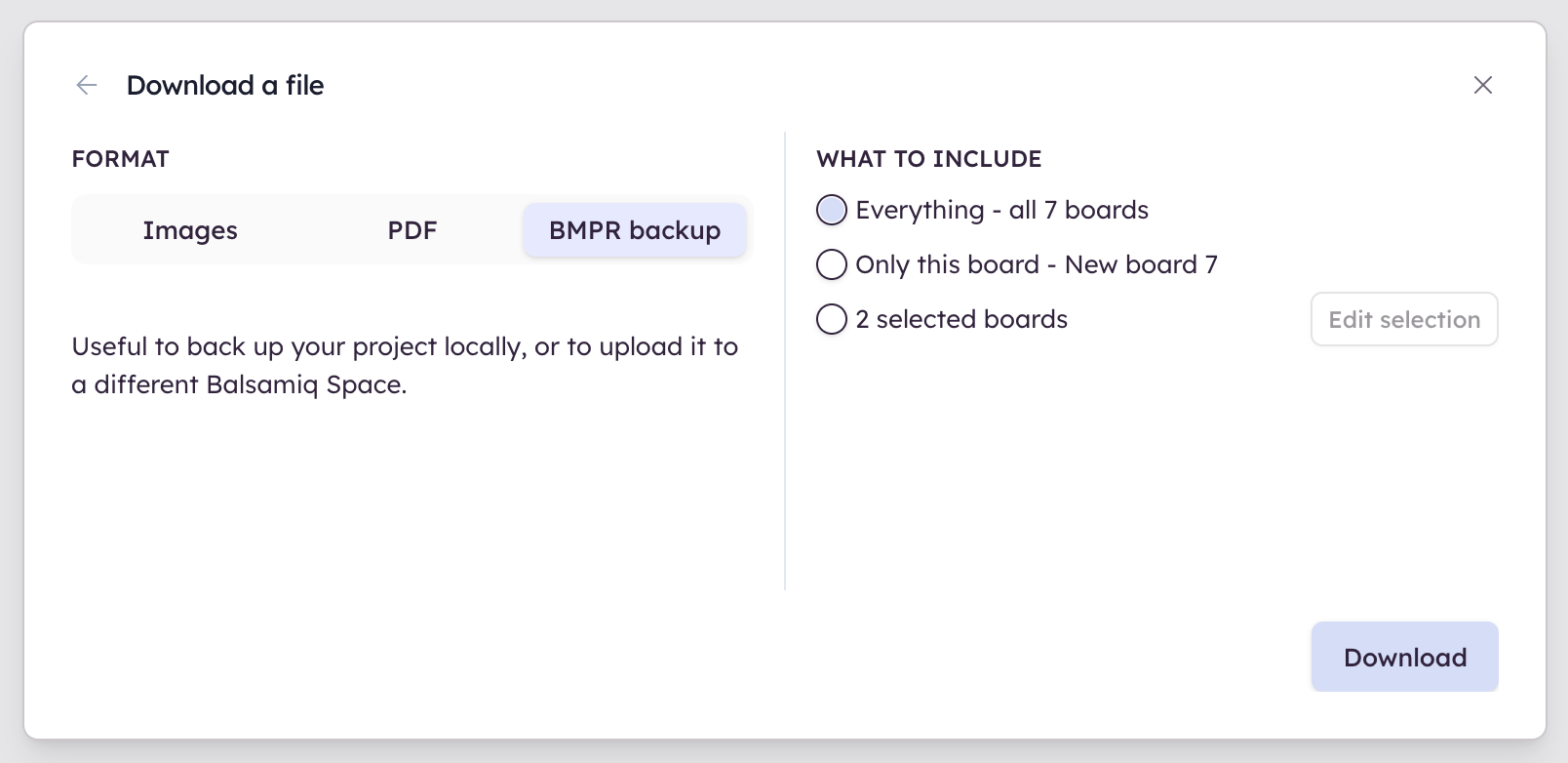 Export boards as a BMPR file to back up, transfer, or clean your project by selecting everything or specific boards
