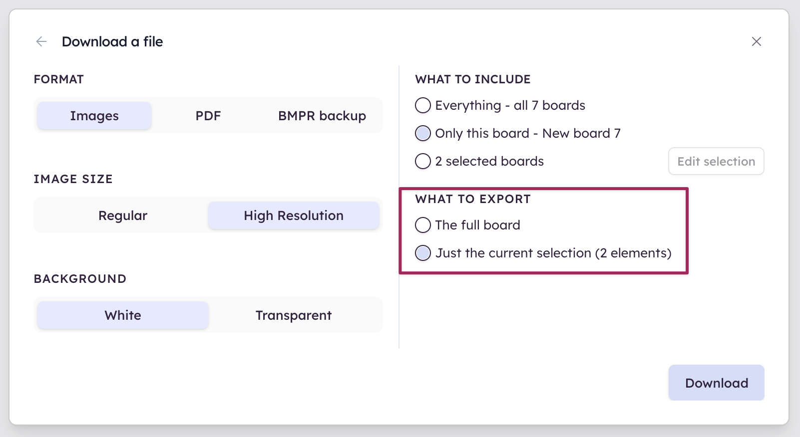 Export selected UI elements from the current board as PNG for more focused sharing or documentation