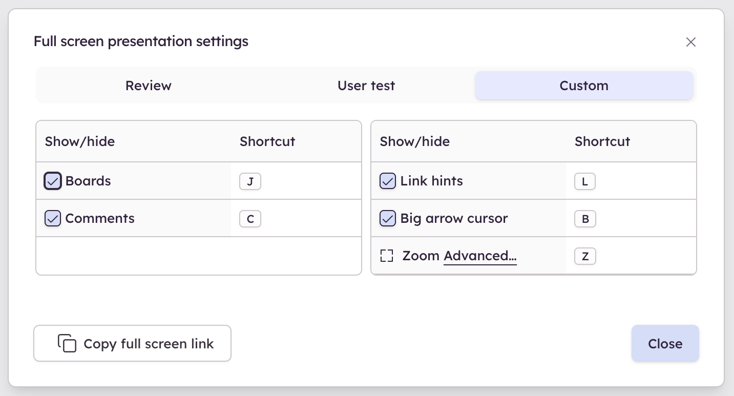 Settings panel in Full Screen Presentation Mode showing checkboxes for boards panel, comments, link hints, and cursor