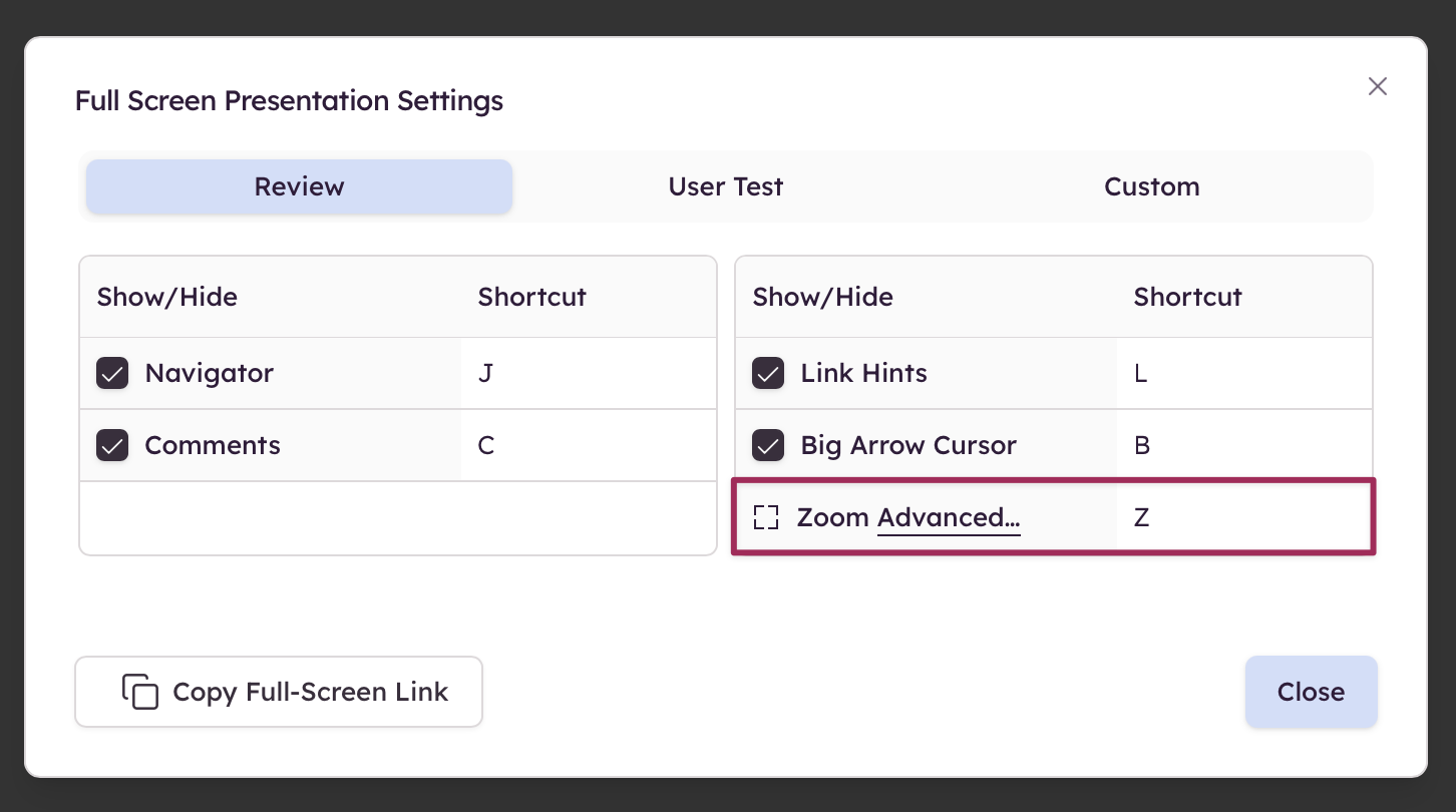 Custom Full Screen Presentation Settings with options to toggle boards panel, notes, comments, link hints, cursor, and markup
