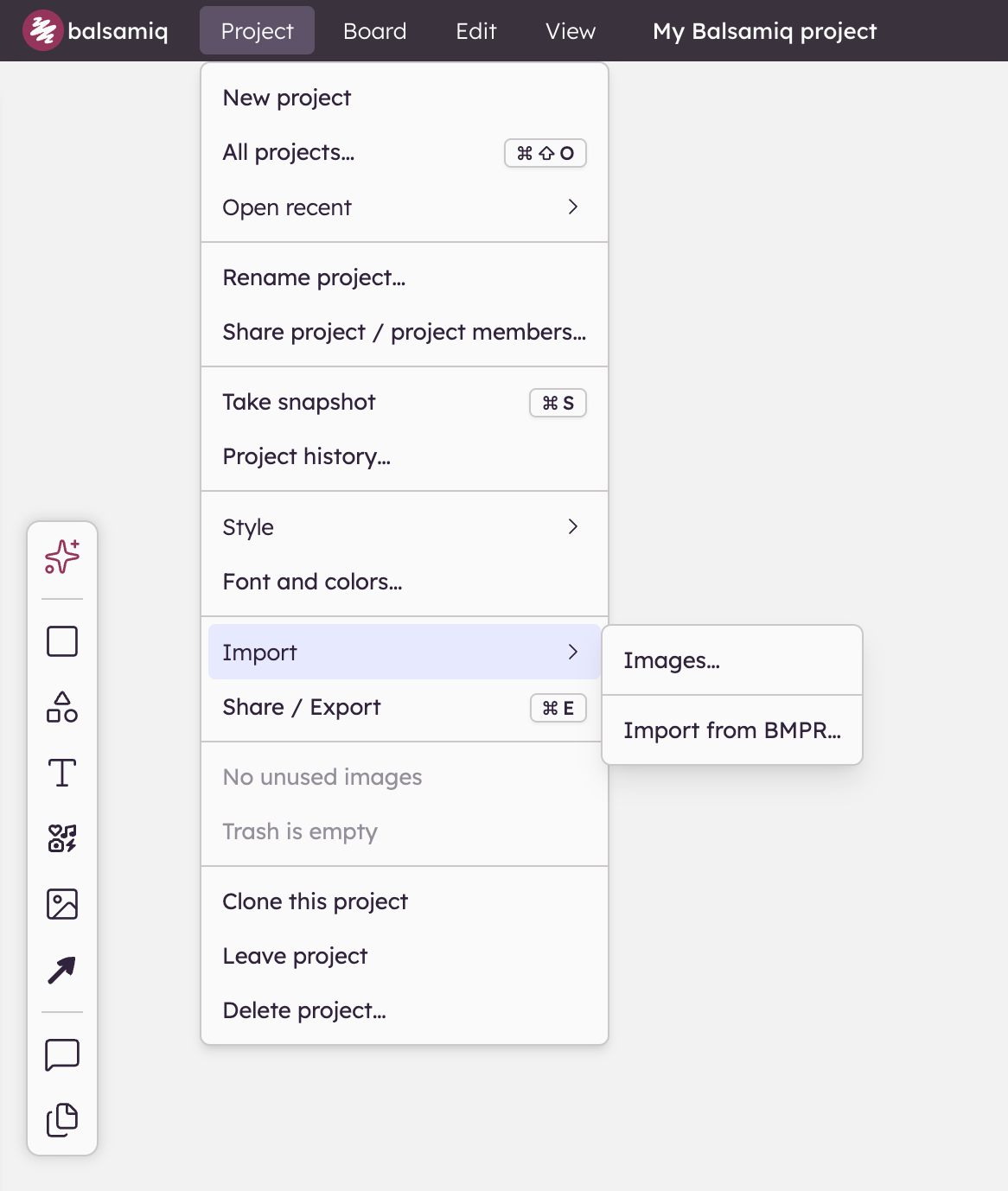 Use the Project > Import menu to bring in images or wireframes from another Balsamiq project into your current project