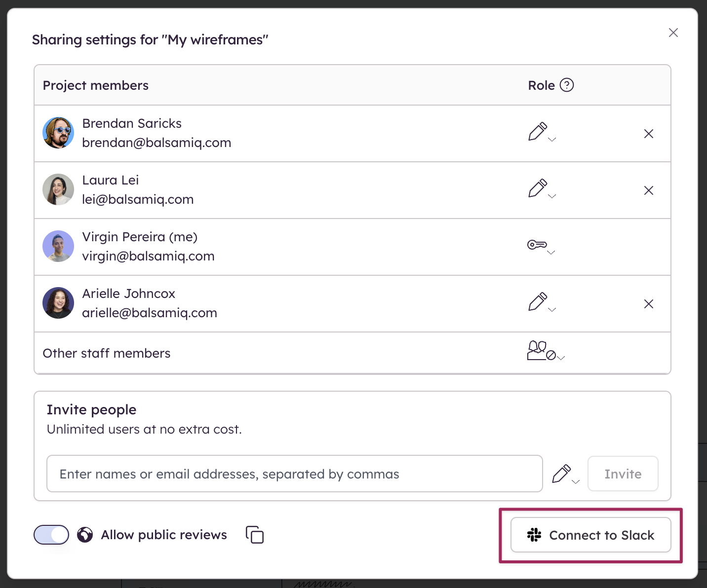 Sharing Settings panel showing where to add a Slack subscription to a Balsamiq project.