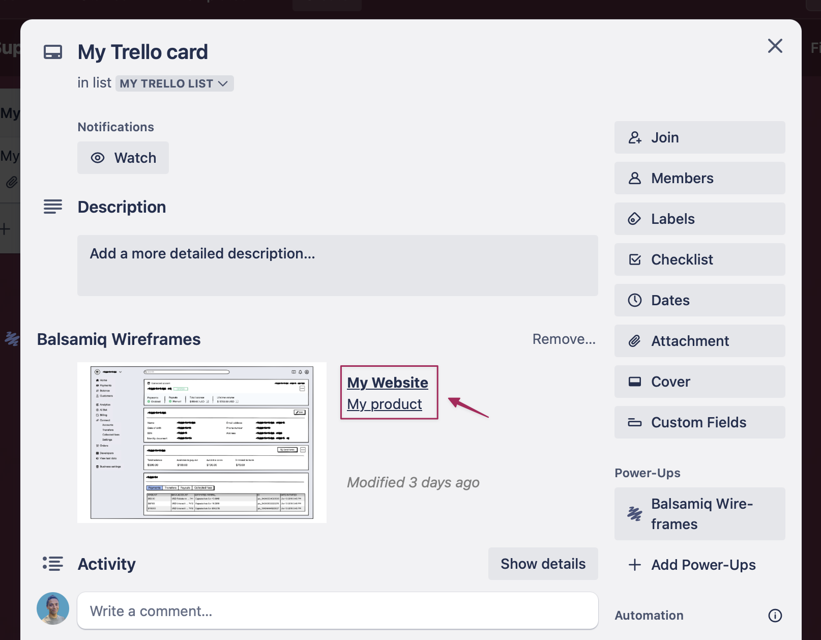 Embedded board preview and clickable project names appear on the Trello card after linking