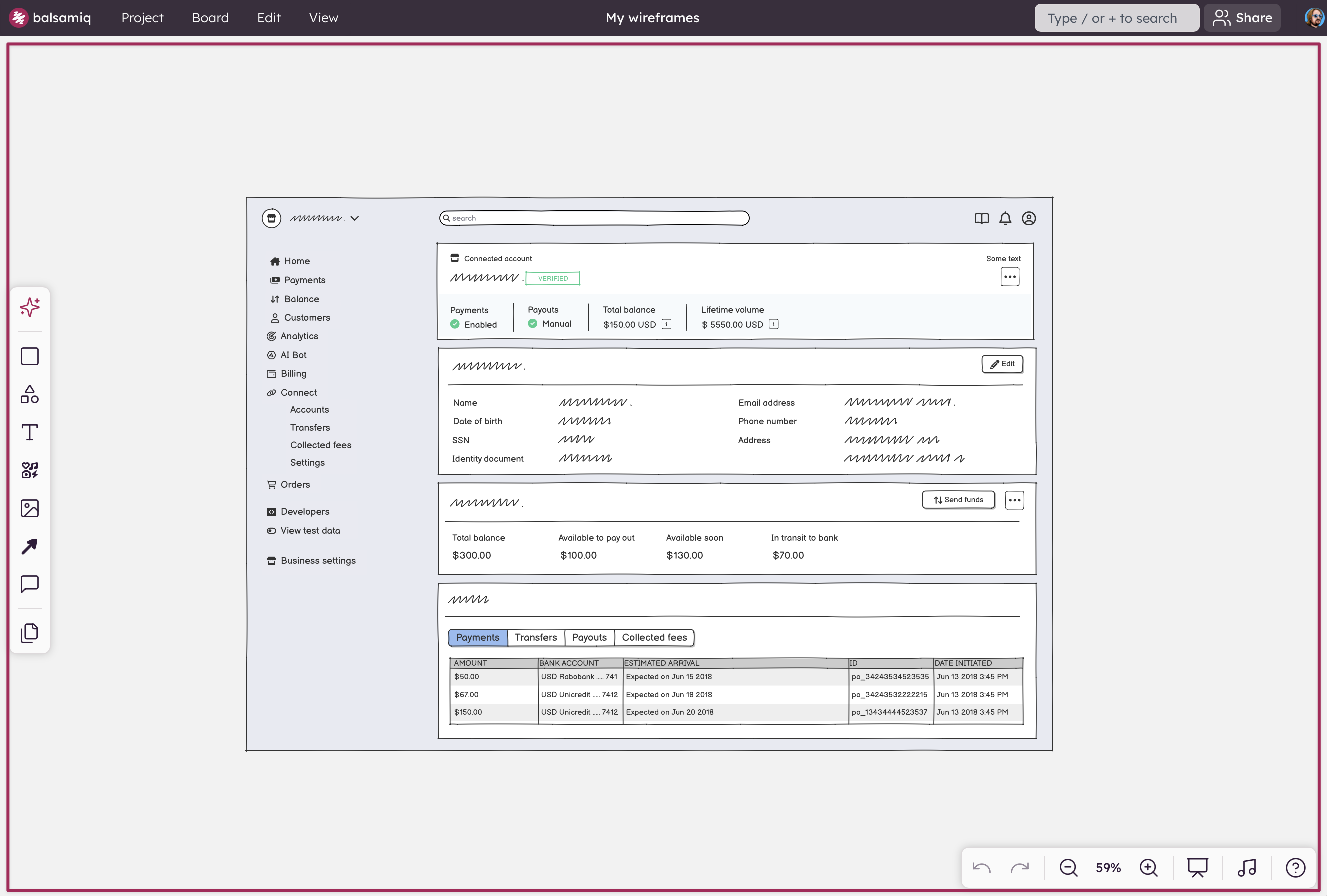 Example wireframe on the board showing UI layout.