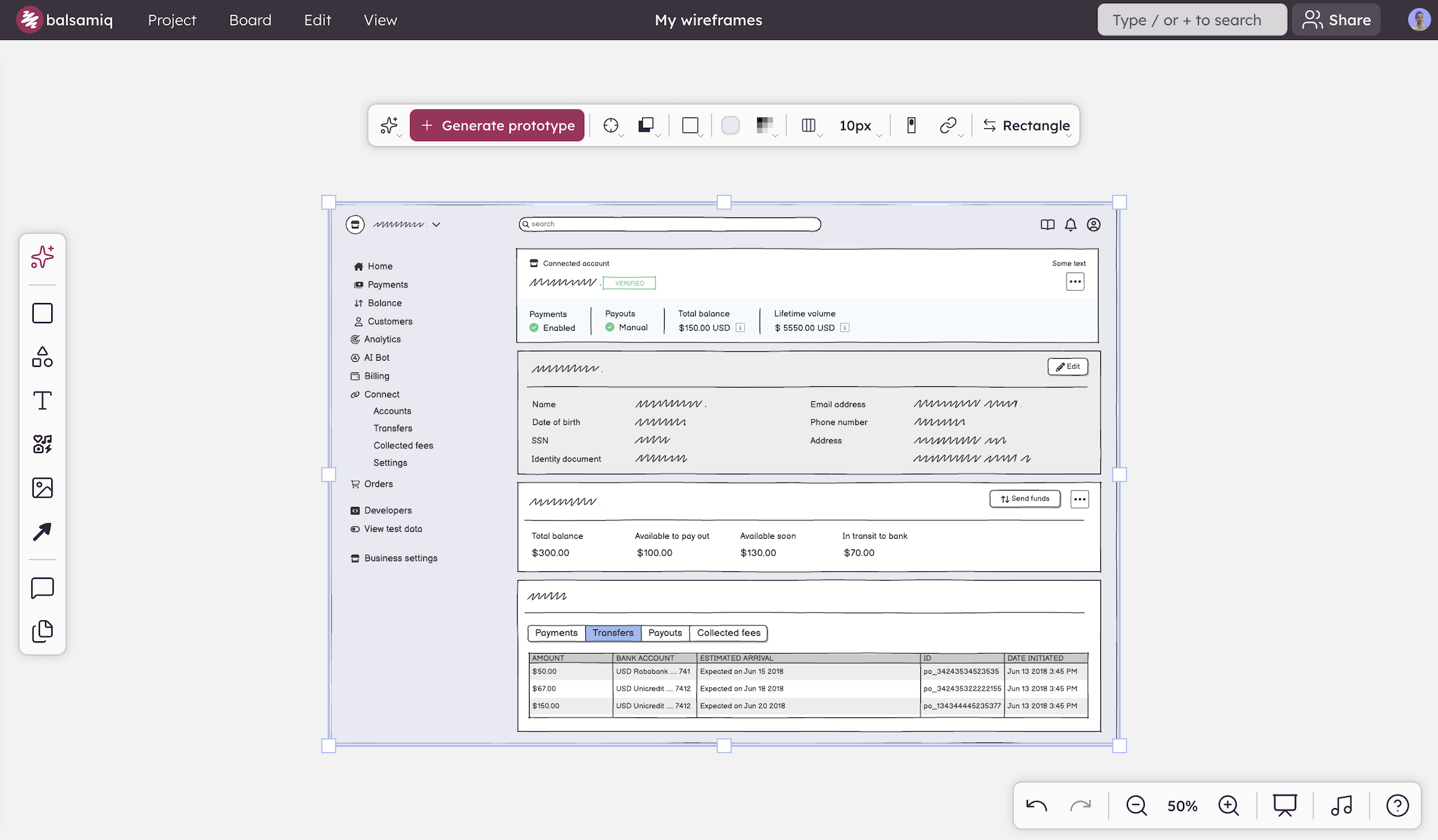 Balsamiq editor showing toolbar, canvas, and selection toolbar while editing a wireframe.