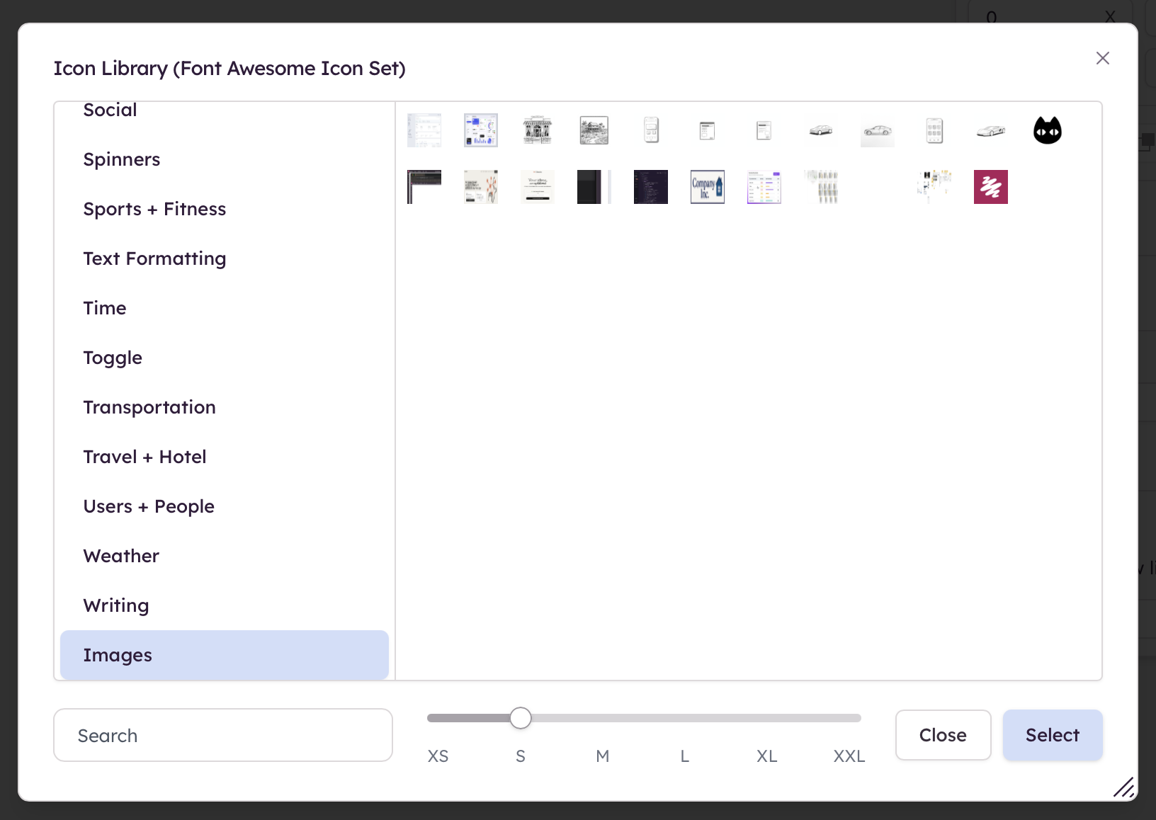 Your images show in the icon library under the Images filter
