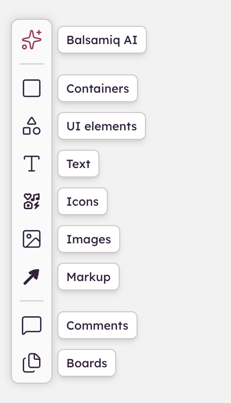 Left bar with labeled icons for UI elements panel, quick draw elements, comments and project boards panel.