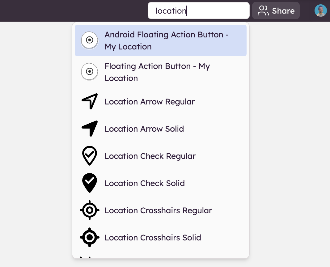 Search results for “location” in Balsamiq, listing location-related icons for wireframe placement.