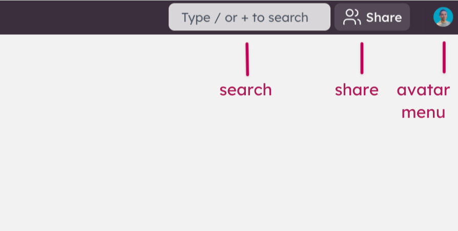Right side of top bar with labeled search, share, and avatar menu options in Balsamiq editor.