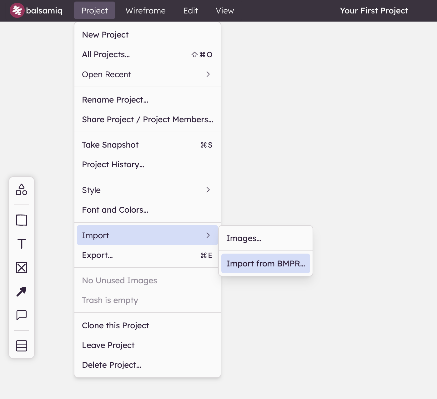 Project menu: use Import to add images or BMPR files from other Balsamiq versions.